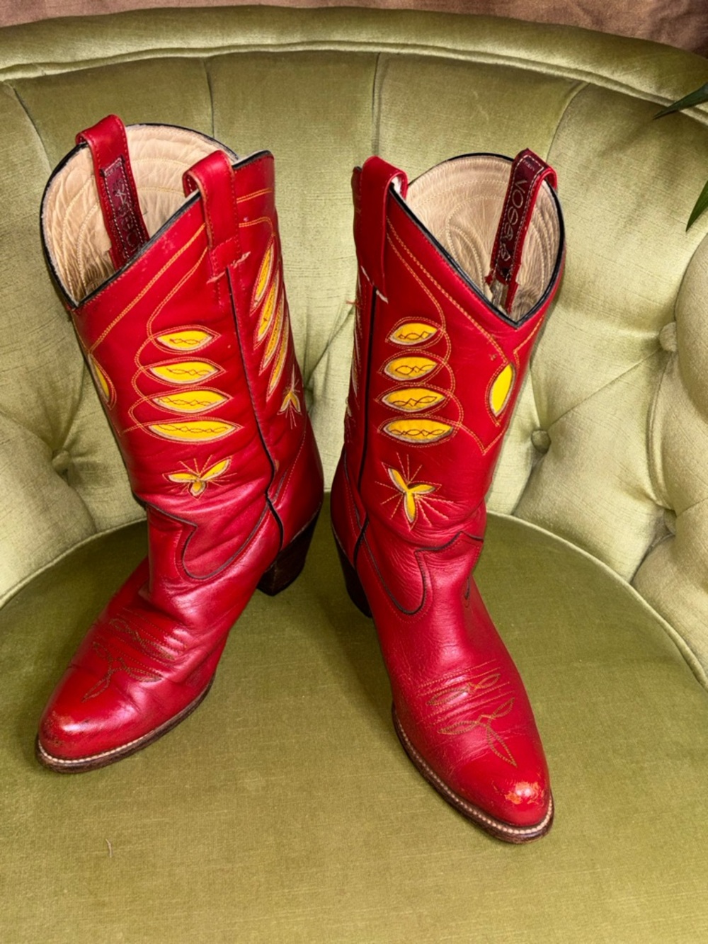 Vtg 80s Women's SASSON Jeans Red Yellow Cowboy Cowgirl High Heel 7.5 B Boots - Picture 2 of 11